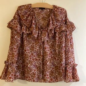 J Crew Pink Floral Sheer Tunic with Ruffle flare collar and cuffs
